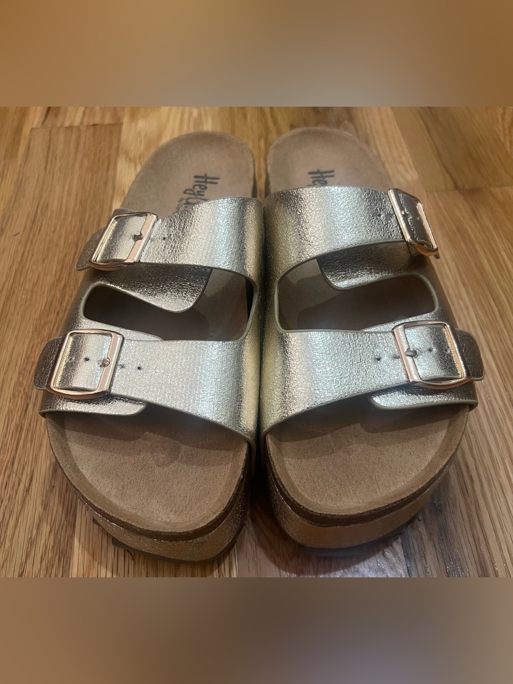 Hey Girl Gold Double-Buckle Slide Sandals